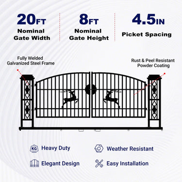20x8 ft Dual Swing Driveway Gate with Ornamental Posts
