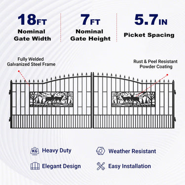 18x7 ft Steel Dual Swing Driveway Gate with Rectangular Deer Pattern