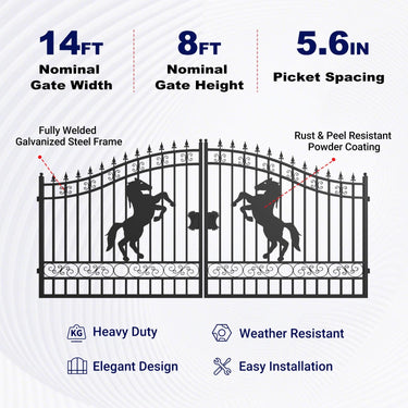 14x8 ft Steel Dual Swing Driveway Gate with Horse Pattern