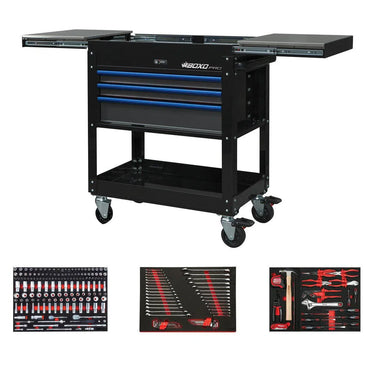 BoxoUSA Pro Series | 35" 3-Drawer Slide-Top Service Cart Tool Box with 222-Piece Master Tool Set 35SBM-BK-B