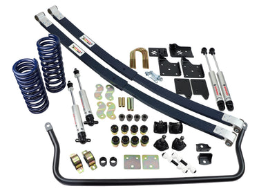 StreetGrip System for 55-57 Chevy Car  Small Block. Includes Front Dual Rate Coil Springs  Composite Leaf Springs  Delrin Leaf Spring Bushings w/ Shackles  Delrin Front Control Arm Bushings  Front MuscleBar and HQ Series Shocks.