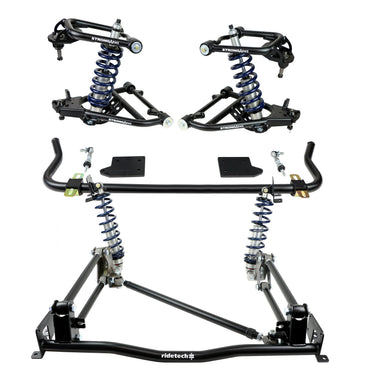 CoilOver System for 55-57 Chevy w/ one piece frame. Includes front and rear HQ Series CoilOvers upper and lower StrongArms Bolt-On 4 Link and front MuscleBar.