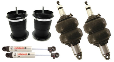 Air Suspension System for 55-57 Chevy Car w/ 1 piece frame. Includes front and rear HQ Series Shockwaves  upper and lower StrongArms  Bolt-On 4 Link and front MuscleBar.