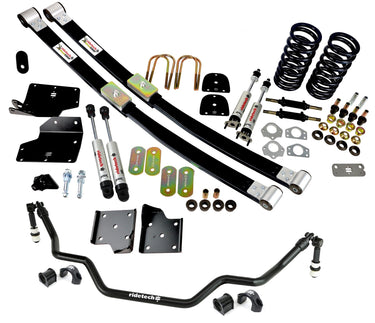 StreetGrip System for 67-70 Mustang  Small Block. Includes Front Dual Rate Coil Springs  Composite Leaf Springs  Delrin Leaf Spring Bushings w/ Shackles  Delrin Front Control Arm Bushings  Front MuscleBar and HQ Series Shocks.