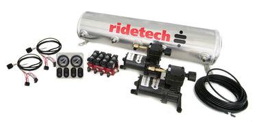 Ridetech Compressor System 4-Way Electric Solenoid. Includes 2 Model 327 Compressors Analog Control Panel RidePro Valve Block 5 Gallon Tank 1/4 IN Airline Fittings and Installation instructions. | 30154100