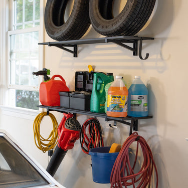 Pair of Bristol 1' x 4' wall-mounted garage shelves showing sturdy metal construction and easy-to-install brackets.