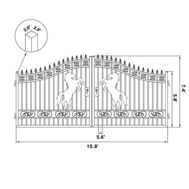 16x7 ft Steel Dual Swing Driveway Gate with Horse Pattern