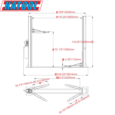 Katool KT-H100 Two Post Lift 10,000lbs Capacity — KT-H100Two Post Lift and KT-MP2 Lift Height Extensions (Set of 4)