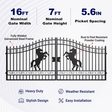16x7 ft Steel Dual Swing Driveway Gate with Horse Pattern