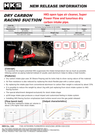 Kit de admisión de aire frío completo HKS DryCarbon GR SUPRA 70028-AT001