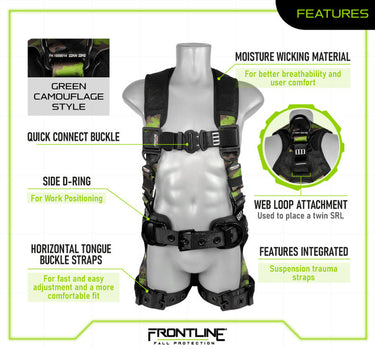 Arnés de cuerpo completo Frontline 110CTB-CF de camuflaje con herrajes de aluminio y correas de suspensión para traumatismos (talla M/L)