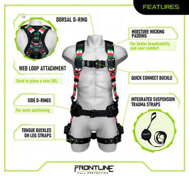 Arnés de cuerpo completo estilo mexicano Combatâ„¢ de Frontline 110CTB-ML-MX con herrajes de aluminio y correas antitrauma por suspensión