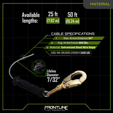 Frontline RPGLE Leading Edge Cable Single Leg SRL with Steel Snap Hook End