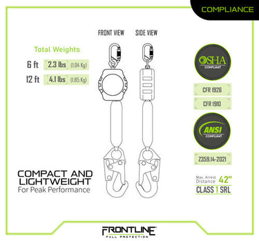 Frontline RPA061S 6' Aramid Fiber Web Single Leg SRL with Steel Snap Hook End