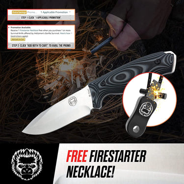 Holtzman's Gorilla Survival Silverback full tang D2 steel camping knife with leather sheath in a survival and camping gift set.