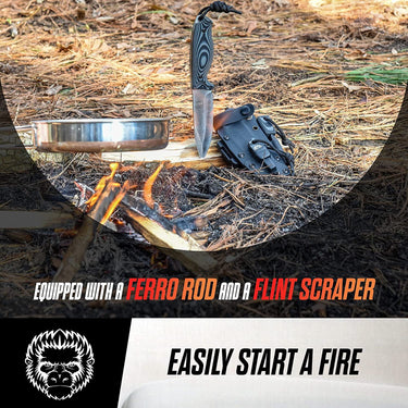 Holtzman's Gorilla Survival Silverback full tang D2 survival camping knife and gift set with black handle and sheath.