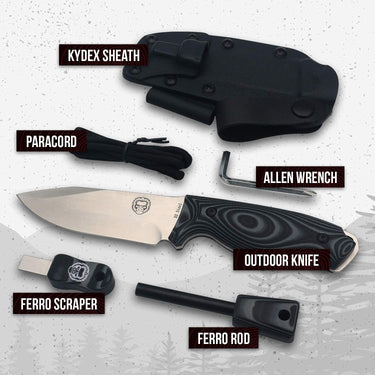 Holtzman's Gorilla Survival Silverback full tang D2 survival camping knife with a sturdy handle and included gift set tools.