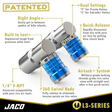 Mandril de aire para neumáticos de bicicleta Lightning™ Serie L3 - 1/4" F-NPT (válvulas Presta y Schrader) | Flujo abierto (paquete de 2) 