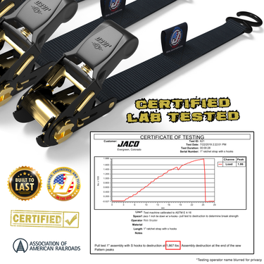 Correas de trinquete para amarre (paquete de 4) - 2,5 cm x 4,5 m | Resistencia a la rotura certificada por la AAR (823 kg) | Juego de amarre de carga