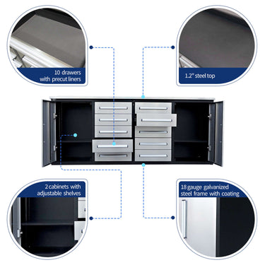 7ft Heavy Duty Workbench with 10 Drawers & 2 Cabinets