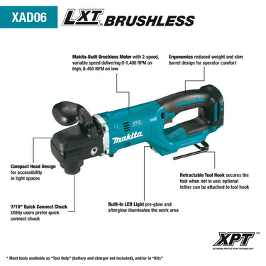 Makita XAD06Z 18V LXT Lithium-Ion Brushless Cordless 7/16" Hex Right Angle Drill