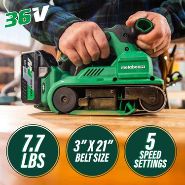 Lijadora de banda sin cable, sin escobillas, de 7,62 cm x 53,34 cm, de 36 V, MultiVoltâ„¢, Metabo HPT SB3608DAQ4M (solo la herramienta)