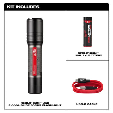 Linterna Milwaukee 2162-21 REDLITHIUM USB de 2000 L con enfoque deslizante
