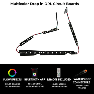 Multicolor RGB Halo Kits DRL boards for 2010-2013 Infiniti G37 Spyder headlights, featuring vibrant flow LED light strips.