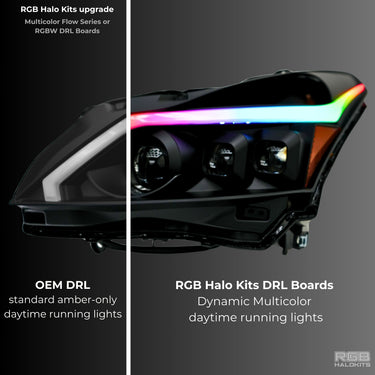 Multicolor flow DRL boards for 2010-2013 Infiniti G37 with Spyder headlights, RGB Halo Kits for stylish lighting accents.