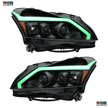 Multicolor RGB Halo Kits DRL boards for 2010-2013 Infiniti G37 Spyder headlights, featuring vibrant LED flow designs.