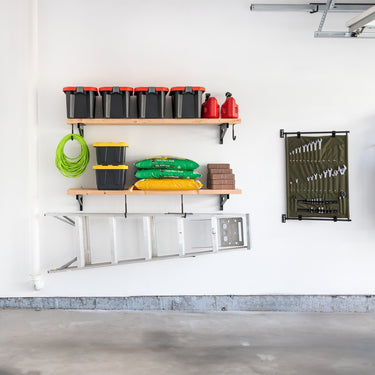 Heavy-duty wall-mounted DIY wall shelf brackets from StoreYourBoard, designed for garage wall shelves and sturdy storage.