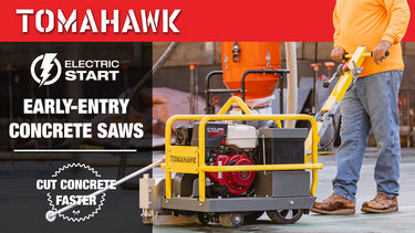 10-inch Early Entry Green Concrete Saw by Tomahawk Power with 13 HP Honda GX390 engine, showcasing durable construction and cutting blade.