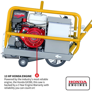 10-inch Early Entry Green Concrete Saw by Tomahawk Power with 13 HP Honda GX390 engine, featuring a sturdy metal frame and blade guard.