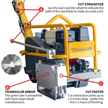 Tomahawk Power 10-inch green concrete saw with 13 HP Honda GX390 engine, ideal for cutting concrete surfaces.