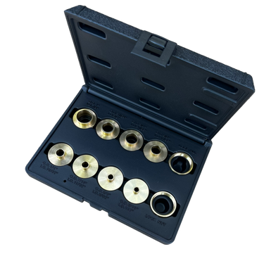 Woodhaven 10-piece guide bushing and lock nut kit for woodworking tools, includes hardware components for precise routing and assembly.