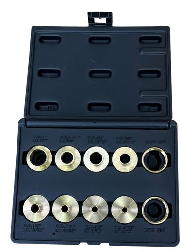 Woodhaven 10-piece guide bushing and lock nut hardware kit with various bushings and nuts for woodworking tools and machinery.